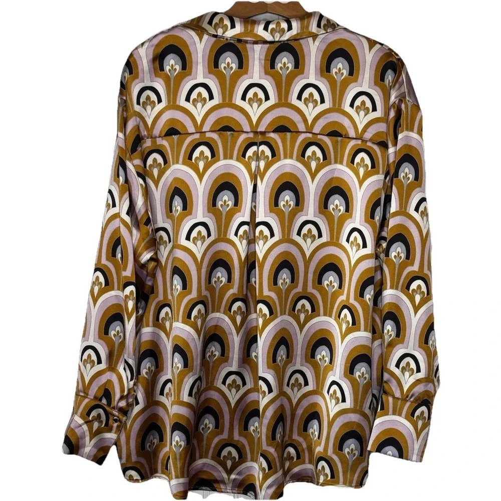 House of Harlow 1960 Blouse Top XL Art Deco Button Up Pink Gold Satin Retro READ - Picture 2 of 16